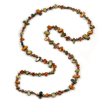 Long Olive/ Brown Shell Nugget and Glass Crystal Bead Necklace - 110cm L - main view
