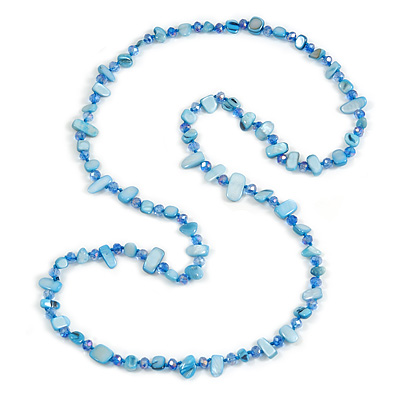 Long Sky Blue Shell Nugget and Glass Crystal Bead Necklace - 110cm L