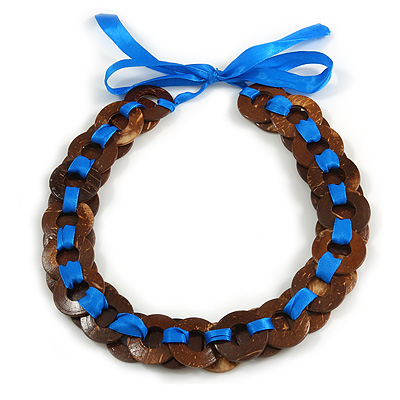 Brown Wood Ring with Blue Silk Ribbon Necklace - 49cm L/ 20cm L Ribbon Ext - main view