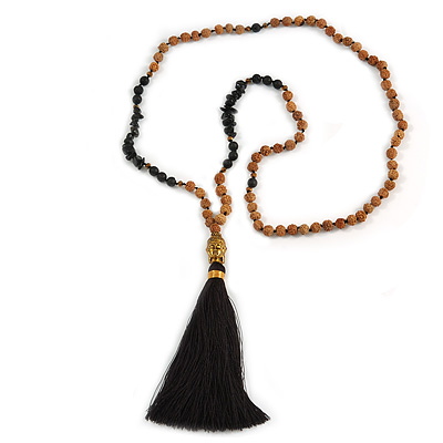 Black Semiprecious Nugget, Brown/ Black Seed Beaded Necklace with Buddha Lucky Charm/ Silk Tassel Pendant - 86cm L/ 13cm Tassel - main view