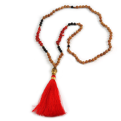 Red Coral Nugget, Brown/ Black Seed Beaded Necklace with Buddha Lucky Charm/ Silk Tassel Pendant - 86cm L/ 13cm Tassel - main view