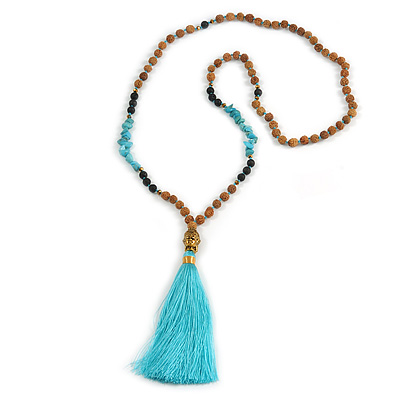 Turquoise Nugget, Brown/ Black Seed Beaded Necklace with Buddha Lucky Charm/ Mint Green Silk Tassel Pendant - 86cm L/ 13cm Tassel - main view