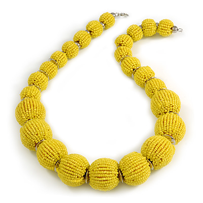 Chunky Lemon Yellow Glass Bead Ball Necklace with Silver Tone Clasp - 60cm L - main view