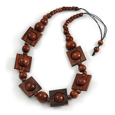 Chunky Square and Round Wood Bead Cotton Cord Necklace ( Brown) - 74cm L - main view