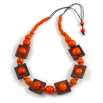 Chunky Square and Round Wood Bead Cotton Cord Necklace ( Orange/ Brown) - 78cm L - main view