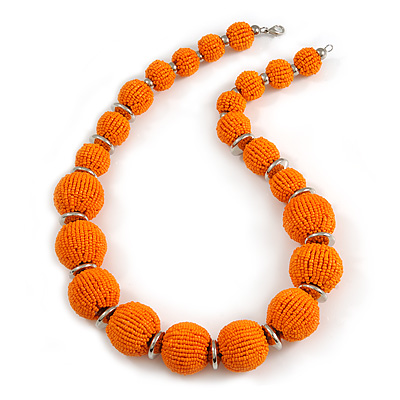 Chunky Orange Glass Bead Ball Necklace with Silver Tone Clasp - 60cm L - main view