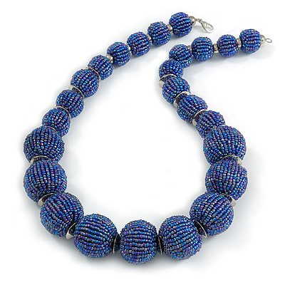 Chunky Peacock Blue Glass Bead Ball Necklace with Silver Tone Clasp - 60cm L