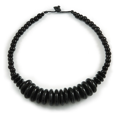 Black Button, Round Wood Bead Wire Necklace - 46cm L - main view