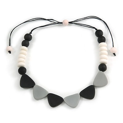 Black/ White/ Grey Resin Bead Geometric Cotton Cord Necklace - 44cm L - Adjustable up to 50cm L - main view
