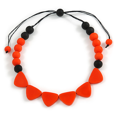 Orange/ Black Resin Bead Geometric Cotton Cord Necklace - 44cm L - Adjustable up to 50cm L - main view