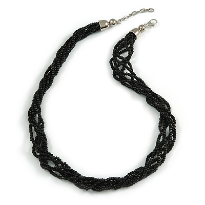 Multistrand Twisted Black Glass Bead Necklace Silver Tone Closure - 48cm L/ 3cm Ext - main view