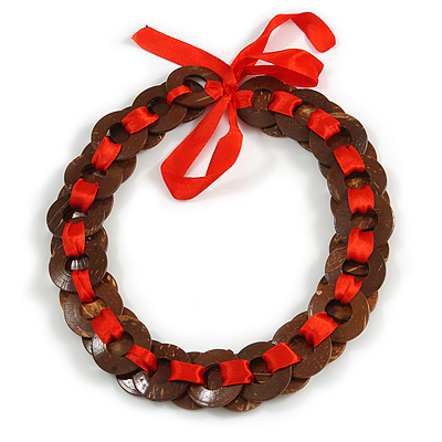 Brown Wood Ring with Red Silk Ribbon Necklace - 49cm L/ 20cm L Ribbon Ext - main view