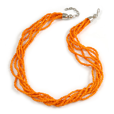Multistrand Twisted Orange Glass Bead Necklace Silver Tone Closure - 48cm L/ 3cm Ext - main view