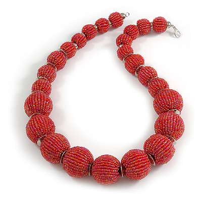 Chunky Red Pink Glass Bead Ball Necklace with Silver Tone Clasp - 60cm L - main view