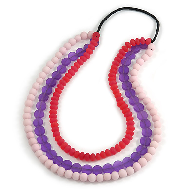3 Strand Pink/ Purple Resin Bead Black Cord Necklace - 80cm L - Chunky