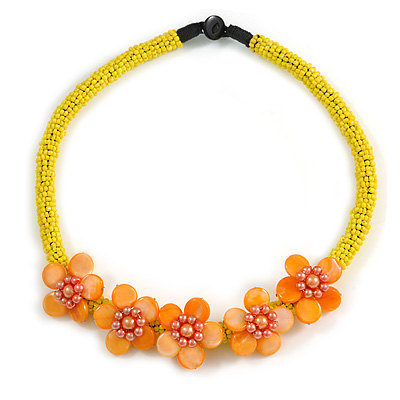Yellow/ Orange Glass Bead with Shell Floral Motif Necklace - 48cm Long