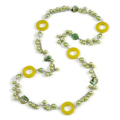 Long Salad Green Pearl, Shell and Resin Ring with Silver Tone Chain Necklace - 104cm Long - main view