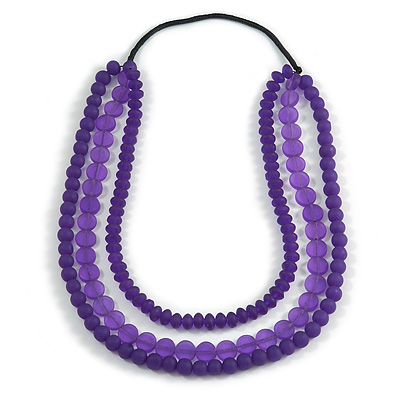 3 Strand Purple Resin Bead Black Cord Necklace - 80cm L - Chunky - main view