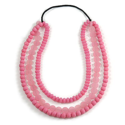 3 Strand Powder Pink Resin Bead Black Cord Necklace - 80cm L - Chunky - main view