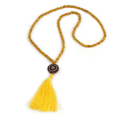 Long Yellow Wood Bead Cotton Tassel Necklace - 90cm L/ 15cm Tassel - main view