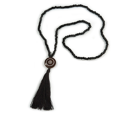 Long Black Wood Bead Cotton Tassel Necklace - 88cm L/ 15cm Tassel