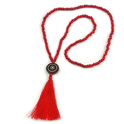 Long Red Wood Bead Cotton Tassel Necklace - 90cm L/ 15cm Tassel - main view