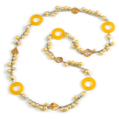 Long Yellow Pearl, Shell and Resin Ring with Silver Tone Chain Necklace - 104cm Long - main view
