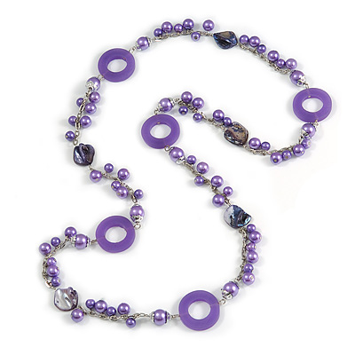 Long Purple Pearl, Shell and Resin Ring with Silver Tone Chain Necklace - 104cm Long - main view
