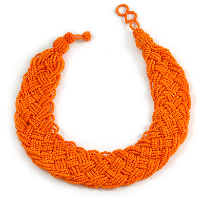 Wide Chunky Orange Glass Bead Plaited Necklace - 53cm L - main view