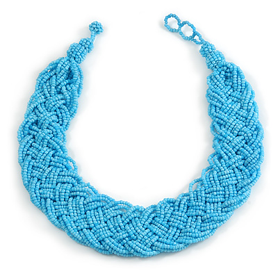 Wide Chunky Light Blue Glass Bead Plaited Necklace - 53cm L