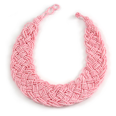 Wide Chunky Pale Pink Glass Bead Plaited Necklace - 53cm L