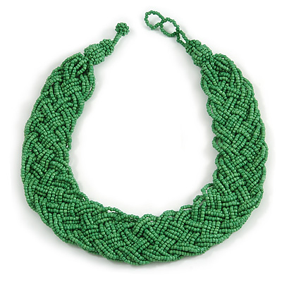Wide Chunky Apple Green Glass Bead Plaited Necklace - 53cm L - main view