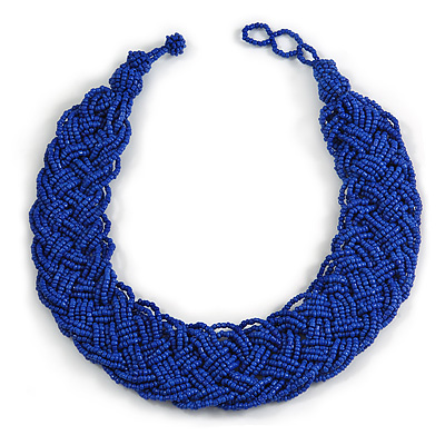 Wide Chunky Blue Glass Bead Plaited Necklace - 53cm L - main view