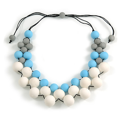 White/ Light Blue/ Grey Resin Beaded Cotton Cord Necklace - 40cm L - Adjustable up to 48cm L - main view