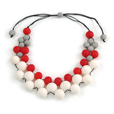 White/ Red/ Grey Resin Beaded Cotton Cord Necklace - 40cm L - Adjustable up to 48cm L - main view
