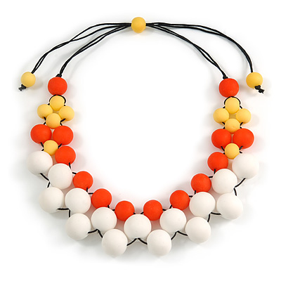 White/ Orange/ Yellow Resin Beaded Cotton Cord Necklace - 40cm L - Adjustable up to 48cm L