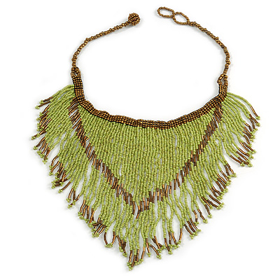 Statement Glass Bead Bib Style/ Fringe Necklace In Lime Green/ Bronze - 40cm Long/ 17cm Front Drop - main view