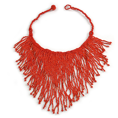 Statement Glass Bead Bib Style/ Fringe Necklace In Brick Red - 40cm Long/ 17cm Front Drop - main view