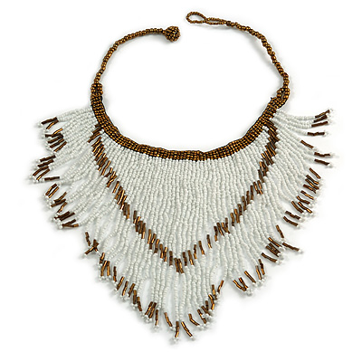 Statement Glass Bead Bib Style/ Fringe Necklace In Snow White/ Bronze - 40cm Long/ 17cm Front Drop - main view