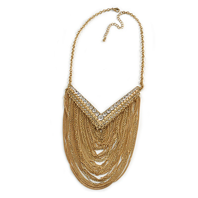 Gold Plated Chic Multi Chain Crystal Bib Necklace - 38cm L/ 7cm Ext/ 12cm Front Drop - main view
