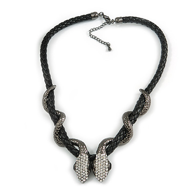Austrian Crystal 'Double Snake' Black Leather Cord Necklace In Gunmetal - 46cm L/ 8cm Ext - main view