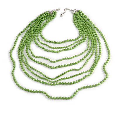 Long Layered Pea Green Acrylic Bead Necklace In Silver Plating - 112cm L/ 5cm Ext
