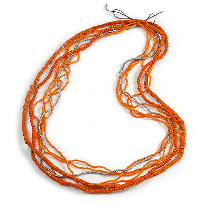 Long Multistrand Orange, Silver Glass/ Wood Bead Necklace - 100cm L - main view
