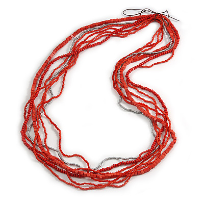 Long Multistrand Red, Silver Glass/ Wood Bead Necklace - 100cm L - main view