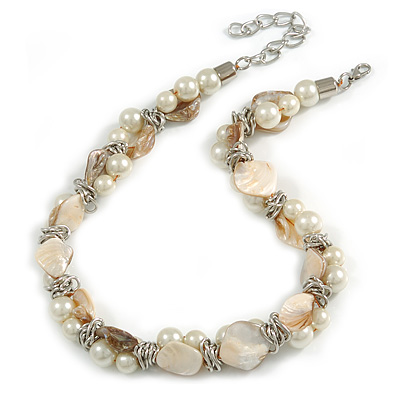 Exquisite Faux Pearl & Shell Composite Silver Tone Link Necklace In Cream/ Antique White - 44cm L/ 7cm Ext - main view