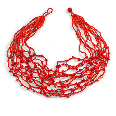 Bright Red Glass Bead/ Semiprecious Stone Multistrand Necklace - 60cm Long - main view