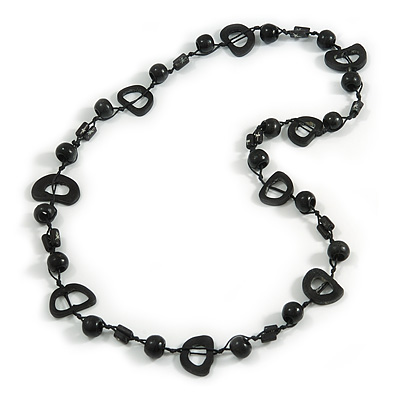 Black Bone and Wood Bead Cotton Cord Long Necklace - 80cm Long