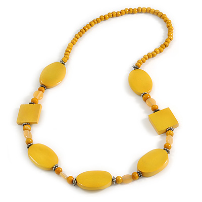 Yellow Oval/ Square Wooden and Glass Beads Necklace - 64cm Long