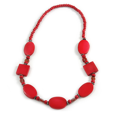 Red Oval/ Square Wooden and Glass Beads Necklace - 64cm Long