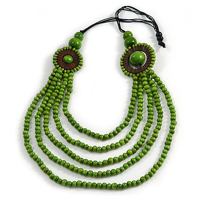 Layered Multistrand Lime Green Wood Bead Black Cord Necklace - 100cm L - main view